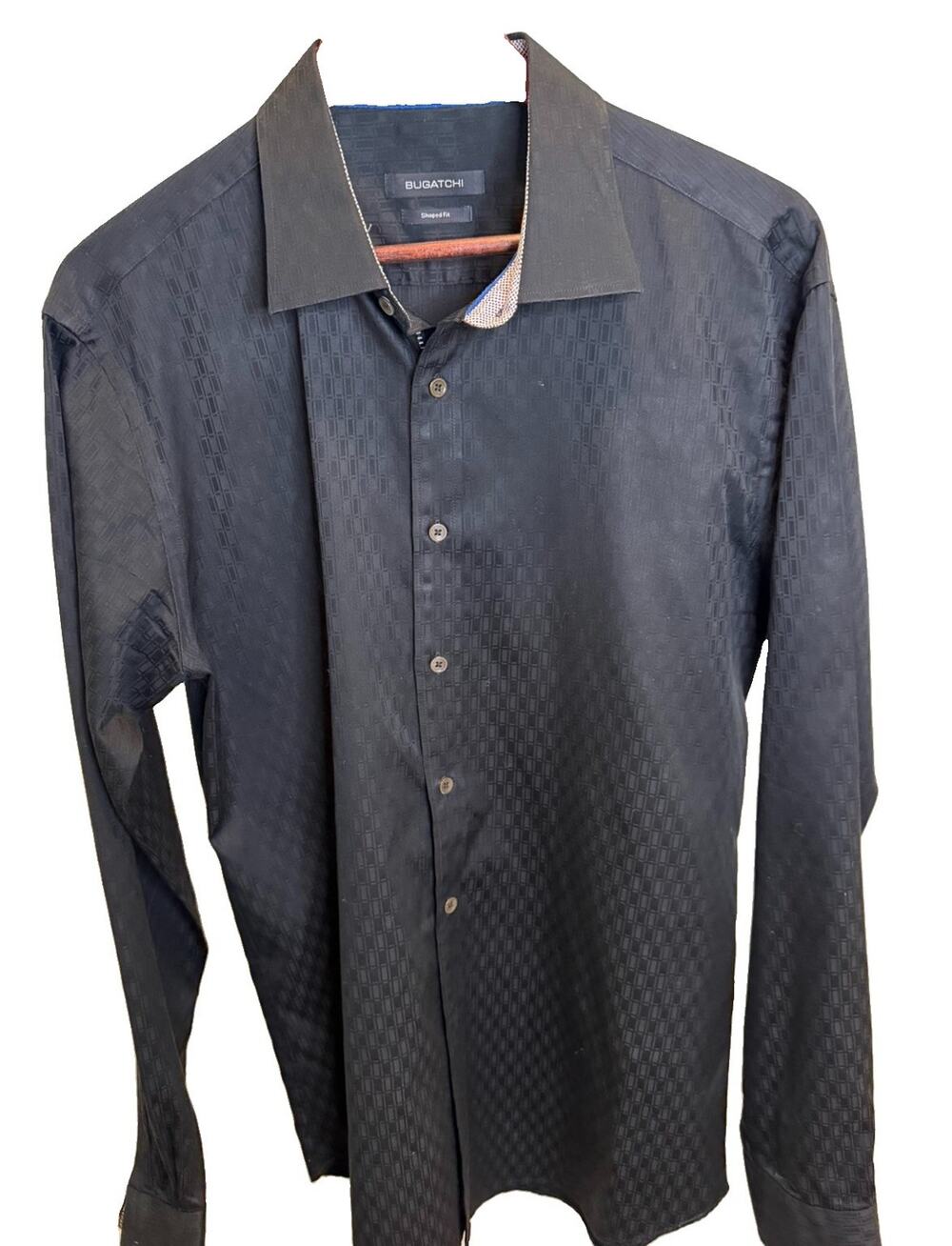 Bugatchi Shirt Mens SIZE large Black Tonal Geometric Jacquard Shaped Fit Cotton